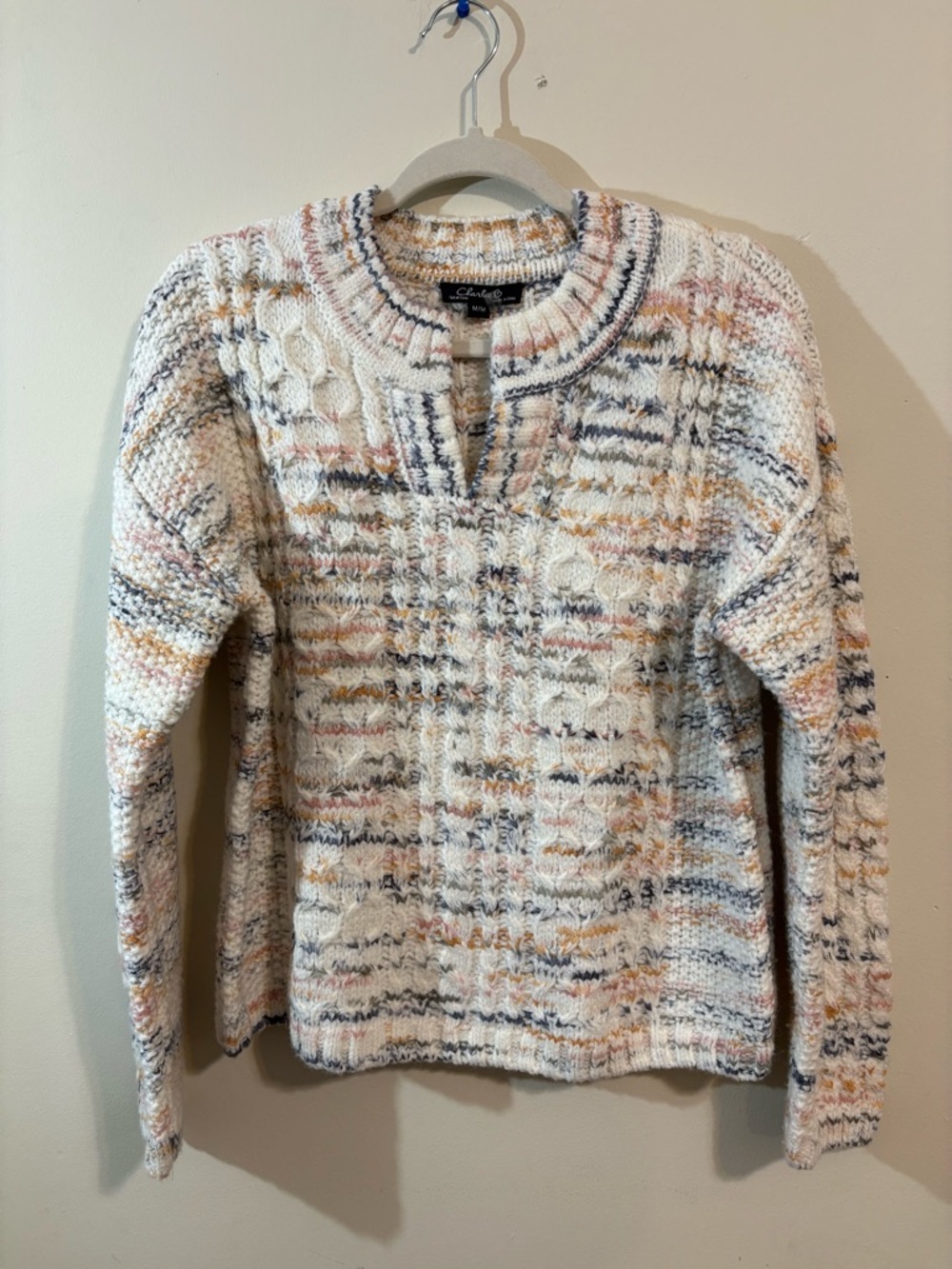 Charlie B Cable Knit Sweater women's‎ Medium cream multicolor crewneck textured